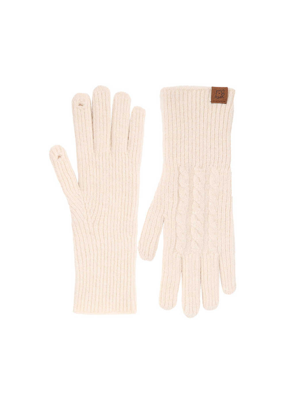 Cream cable-knit gloves with extended ribbed cuffs, front and back views