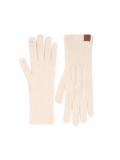 Cream cable-knit gloves with extended ribbed cuffs, front and back views
