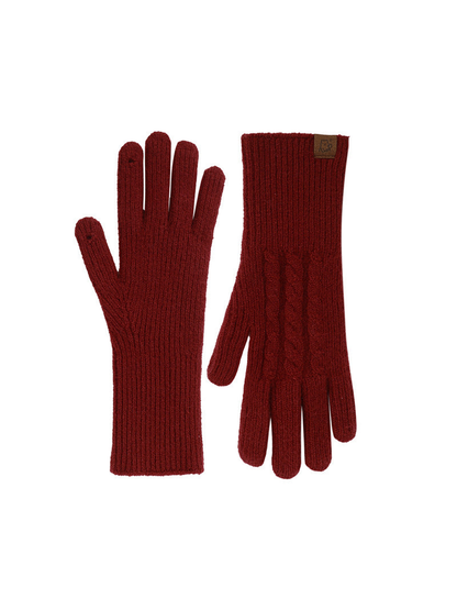 Burgundy cable-knit gloves with extended ribbed cuffs, front and back views
