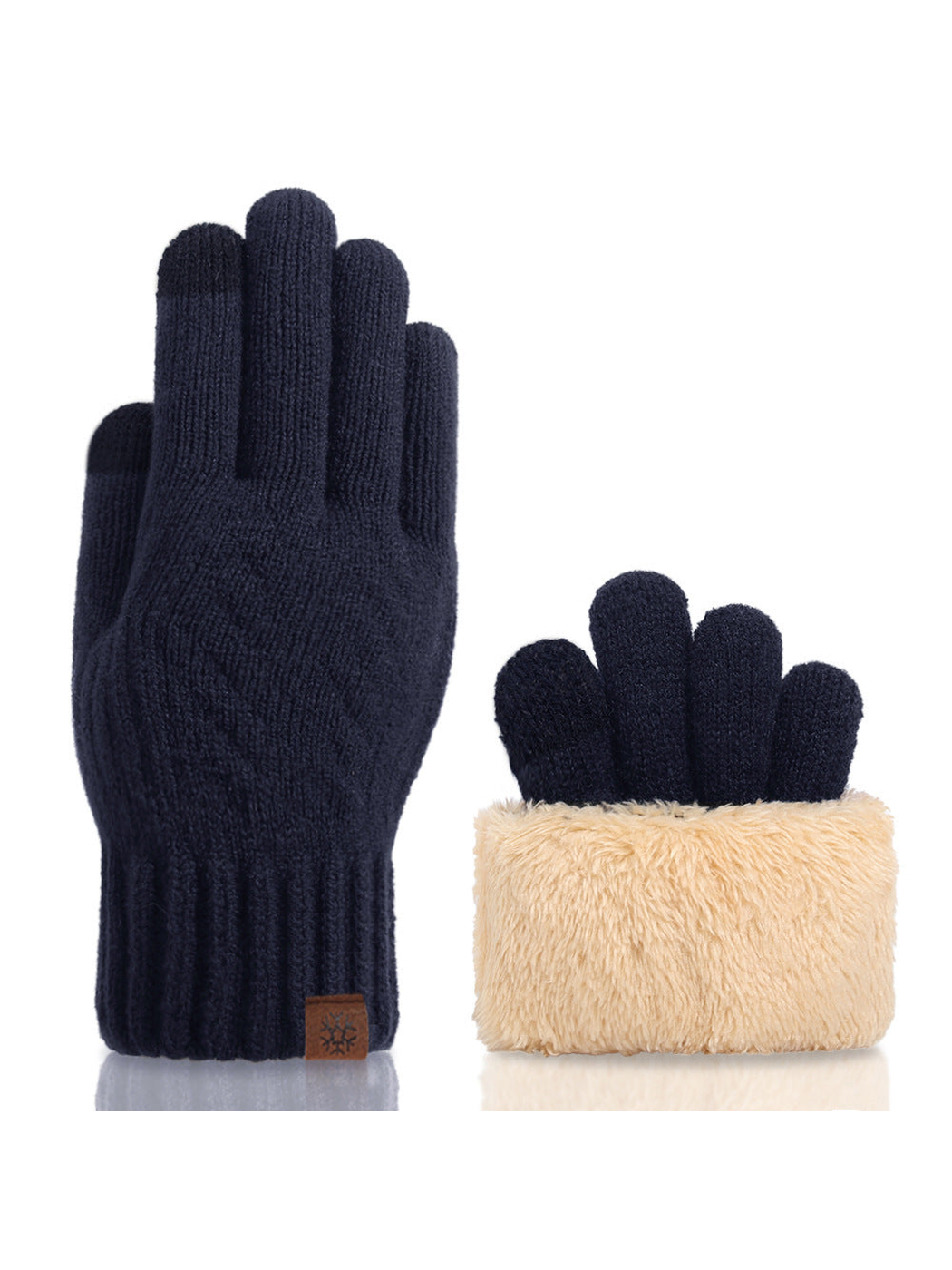 Navy cable-knit gloves with ribbed cuffs and plush interior view