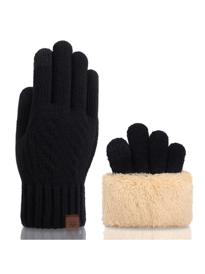 Black cable-knit gloves with ribbed cuffs and plush interior view
