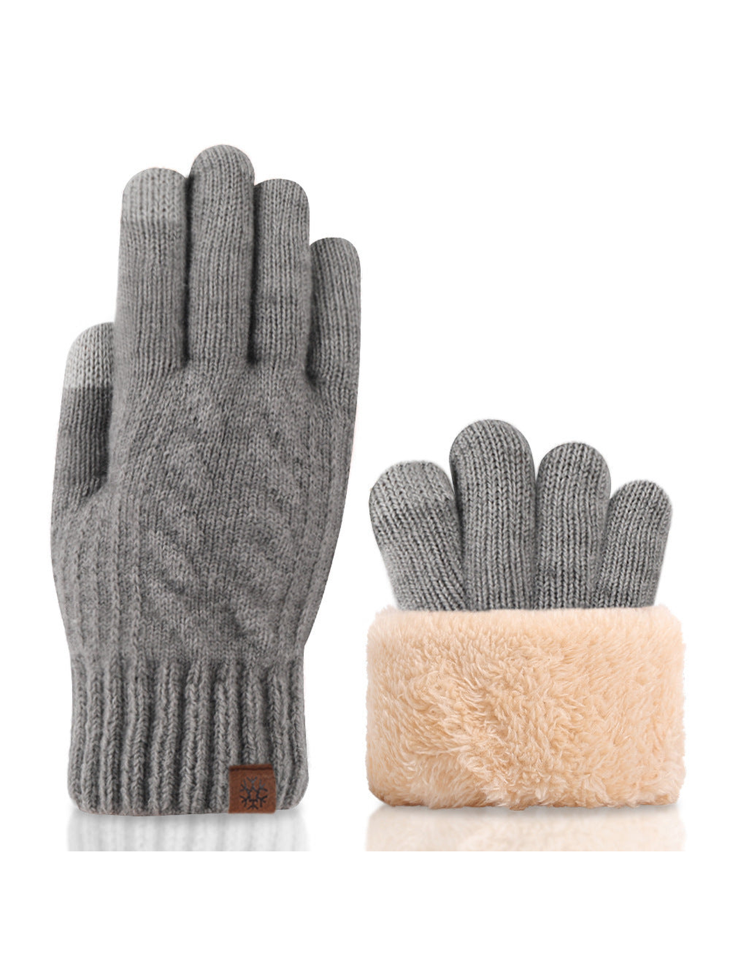 Light gray cable-knit gloves with ribbed cuffs and plush interior view
