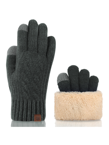 Dark gray cable-knit gloves with ribbed cuffs and plush interior view