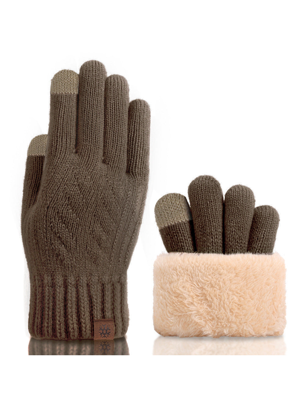 Khaki cable-knit gloves with ribbed cuffs and plush interior view