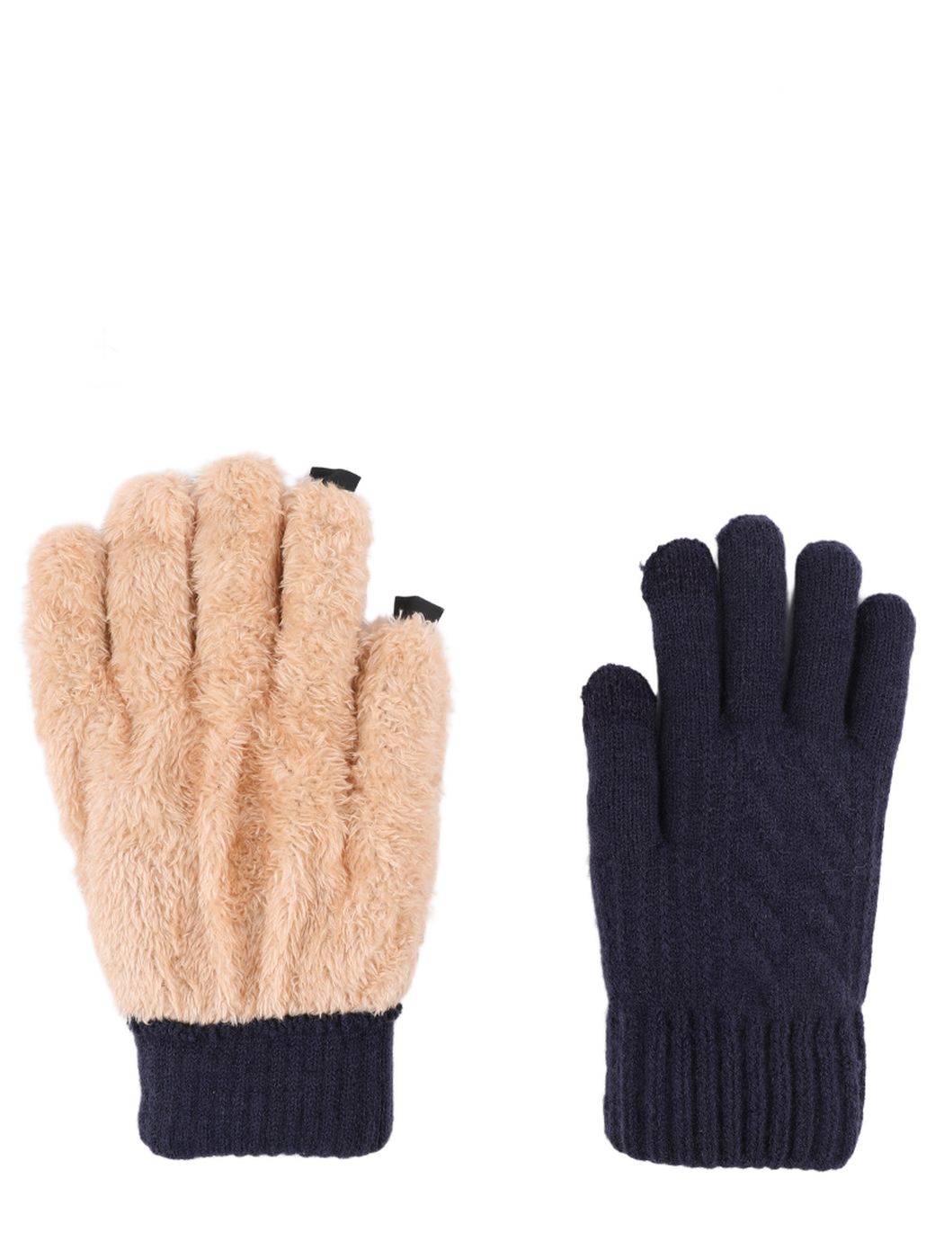 Navy gloves displayed with knit exterior and turned-out plush interior