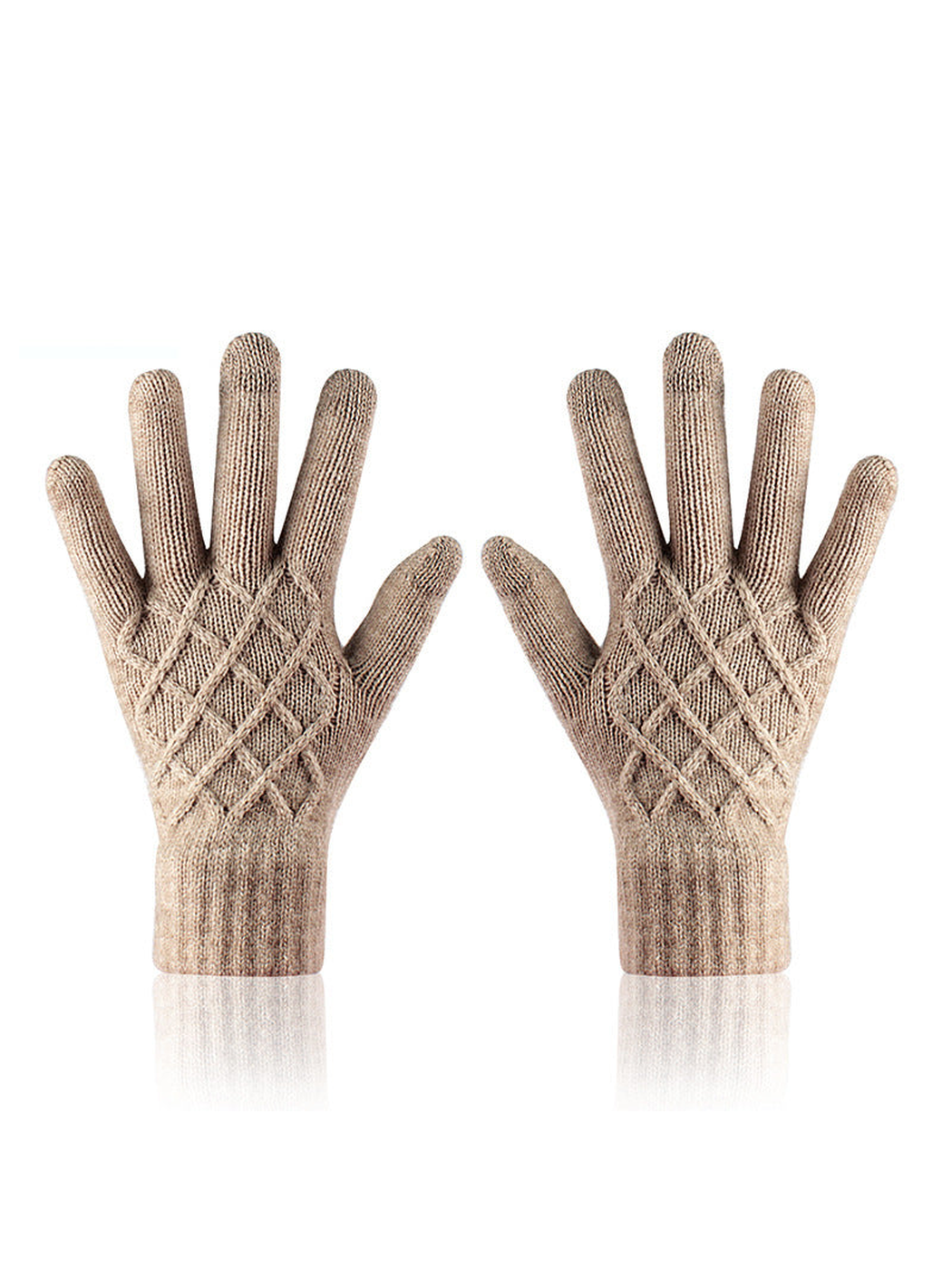 Camel knit gloves with raised diamond pattern and ribbed cuffs