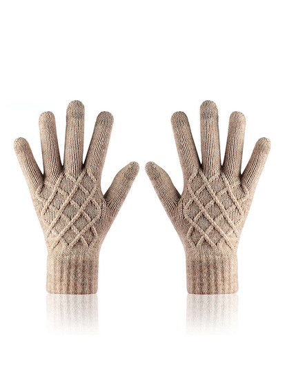 Camel knit gloves with raised diamond pattern and ribbed cuffs