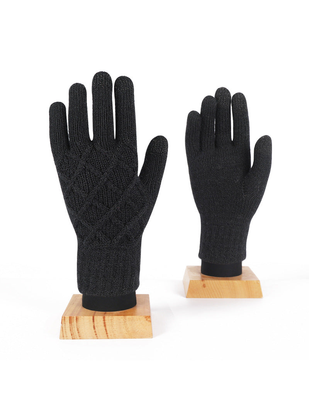 Black diamond-pattern knit gloves, front and palm views