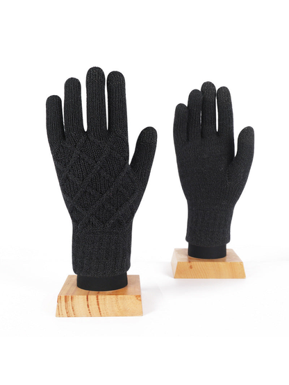 Black diamond-pattern knit gloves, front and palm views