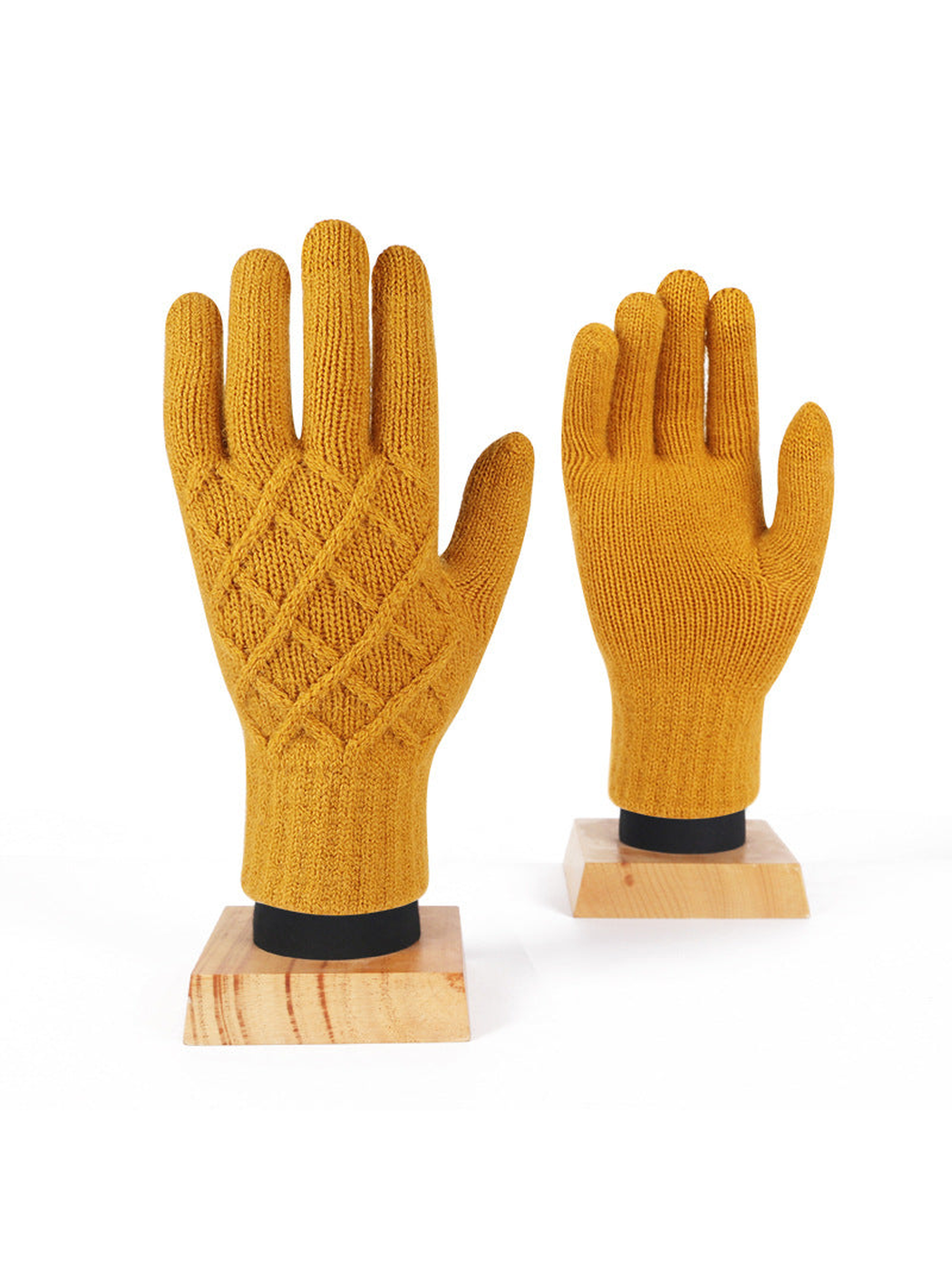 Mustard yellow diamond-pattern knit gloves, front and palm views