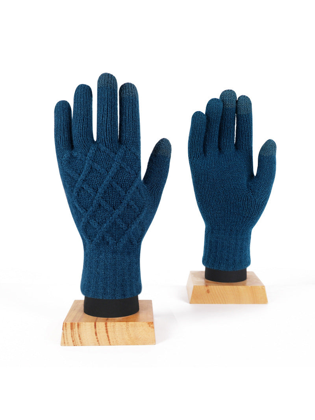 Teal blue diamond-pattern knit gloves, front and palm views