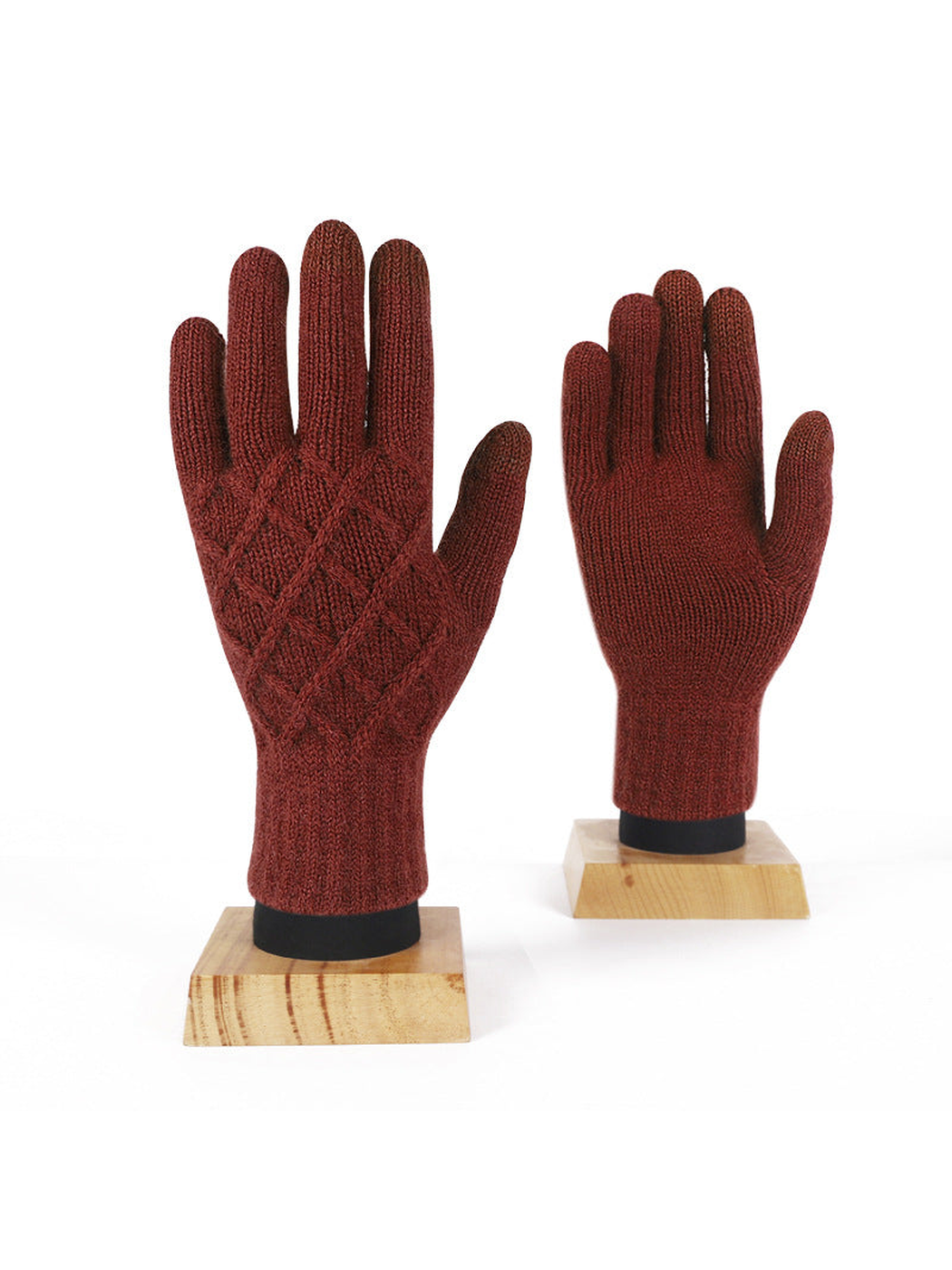 Caramel diamond-pattern knit gloves, front and palm views