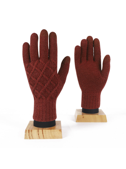 Caramel diamond-pattern knit gloves, front and palm views