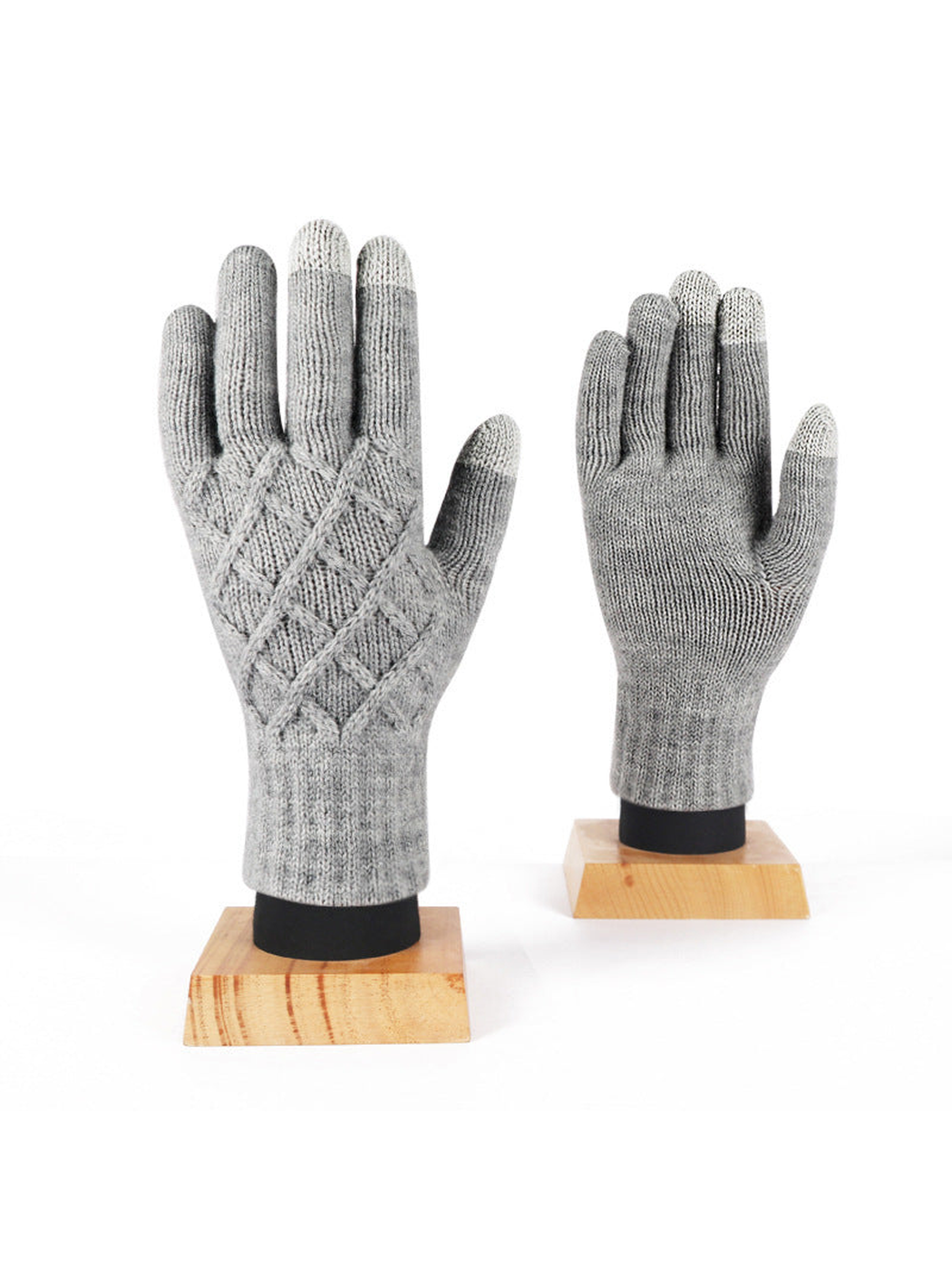 Light gray diamond-pattern knit gloves, front and palm views