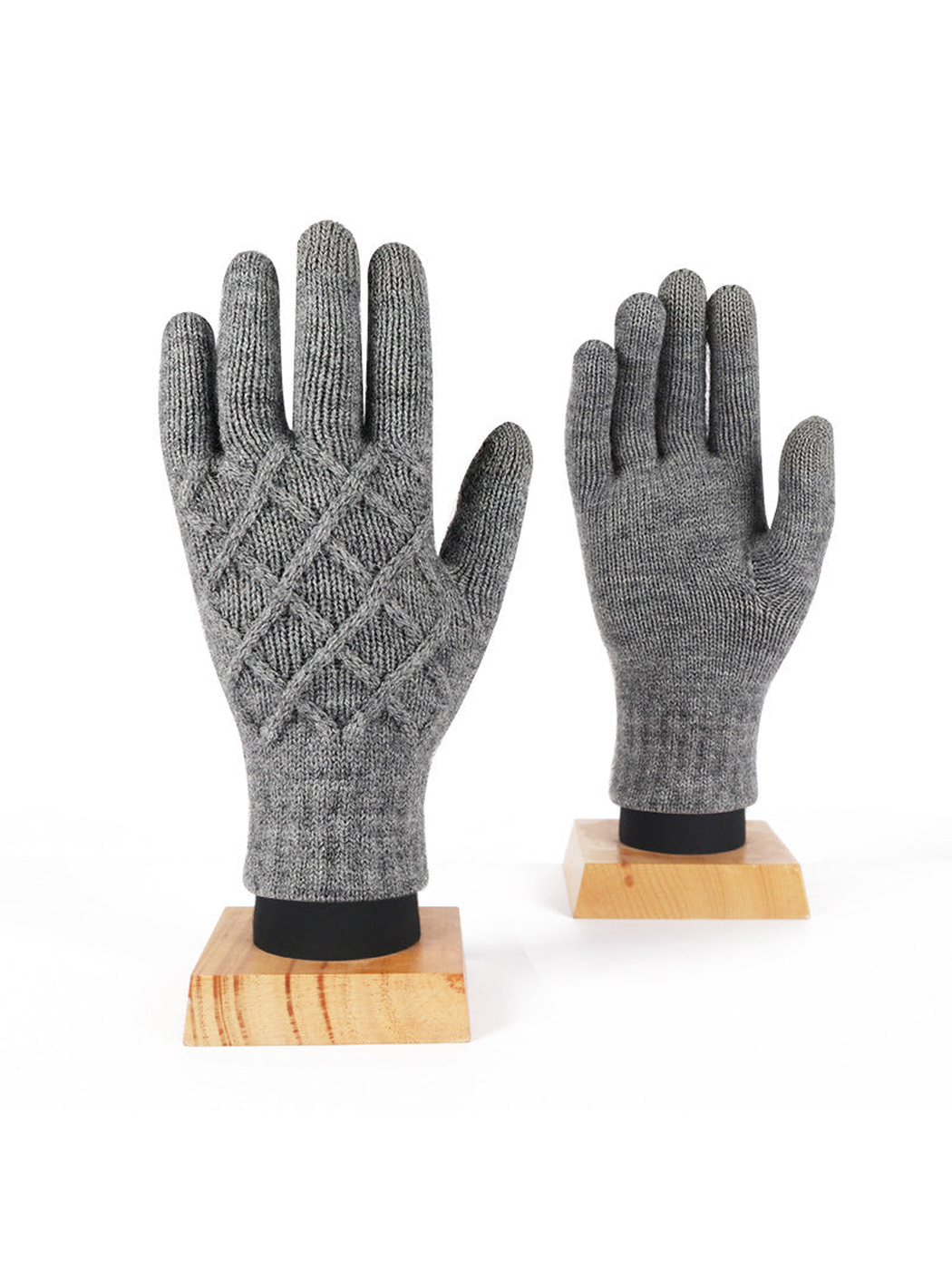 Dark gray diamond-pattern knit gloves, front and palm views