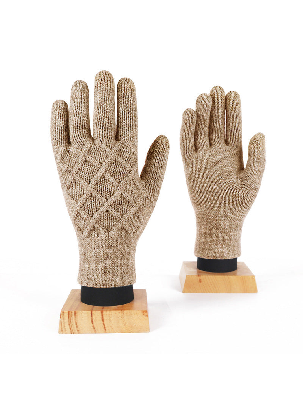 Camel diamond-pattern knit gloves, front and palm views