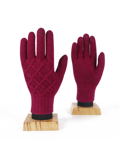 Burgundy diamond-pattern knit gloves, front and palm views