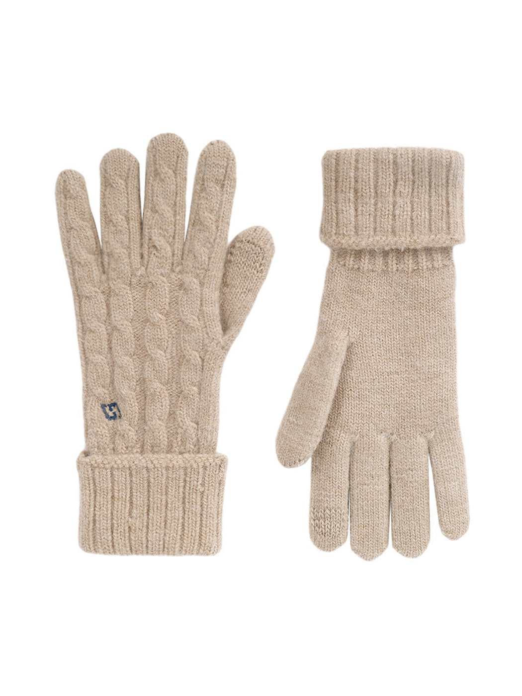 Beige cable-knit gloves with folded ribbed cuffs, front and palm views