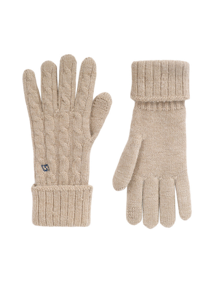 Beige cable-knit gloves with folded ribbed cuffs, front and palm views