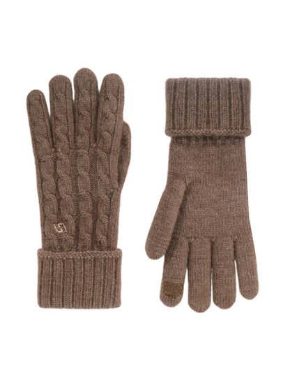 Khaki cable-knit gloves with folded ribbed cuffs, front and palm views