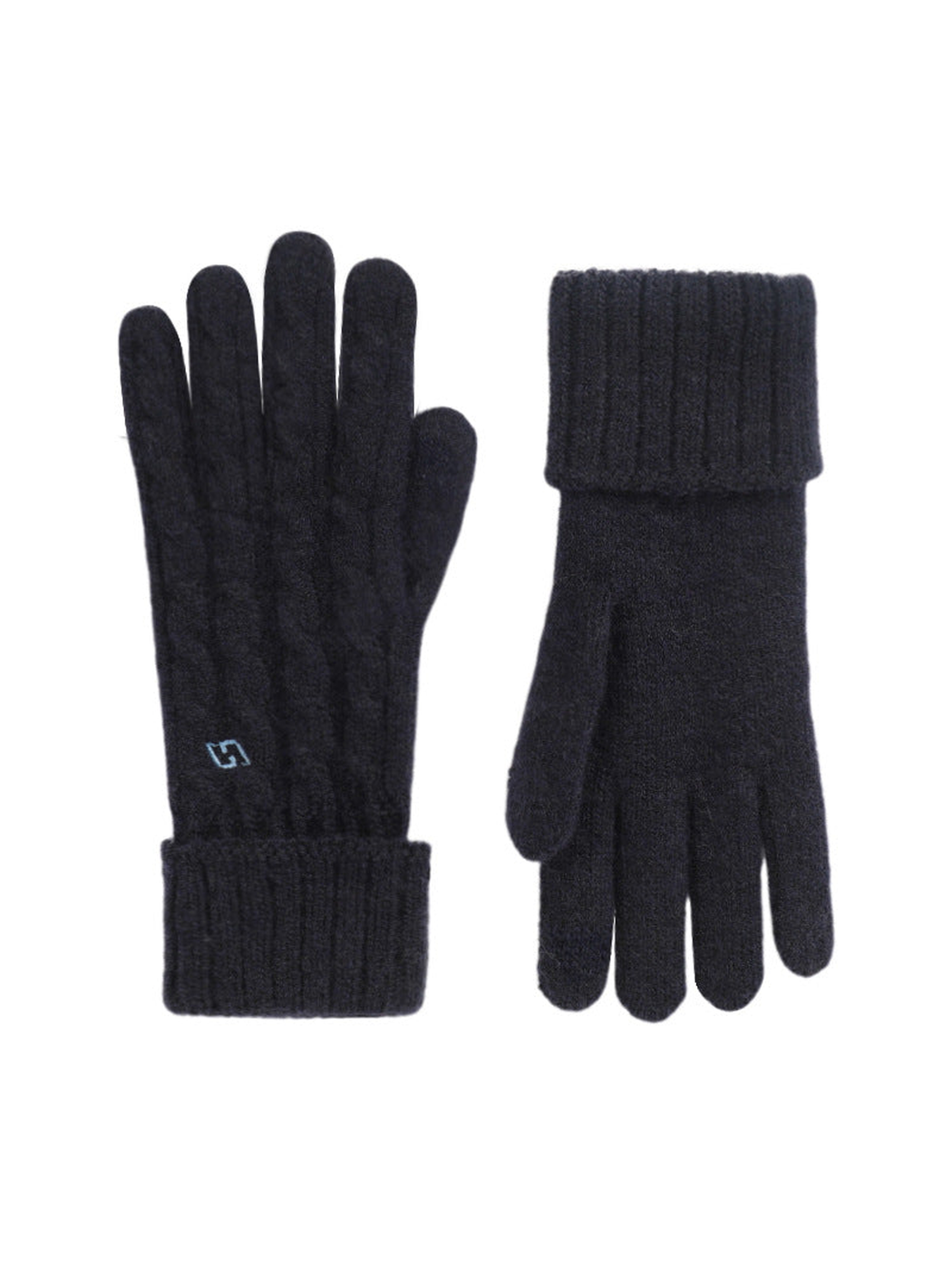 Navy cable-knit gloves with folded ribbed cuffs, front and palm views