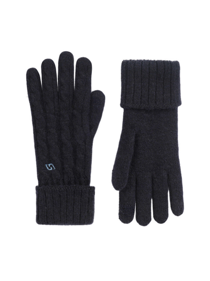 Navy cable-knit gloves with folded ribbed cuffs, front and palm views