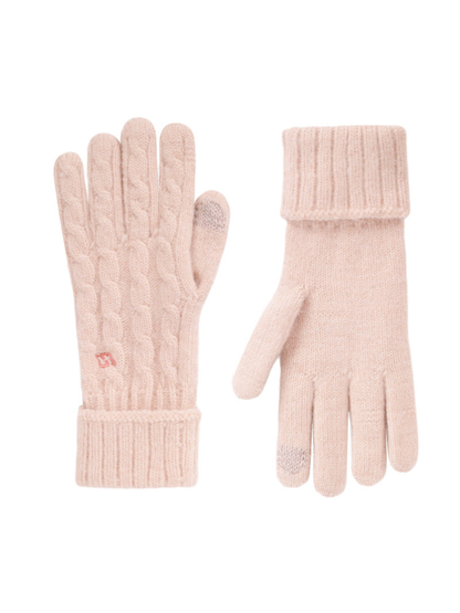 Light pink cable-knit gloves with folded ribbed cuffs, front and palm views