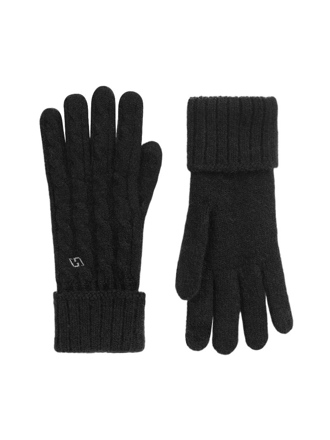 Black cable-knit gloves with folded ribbed cuffs, front and palm views