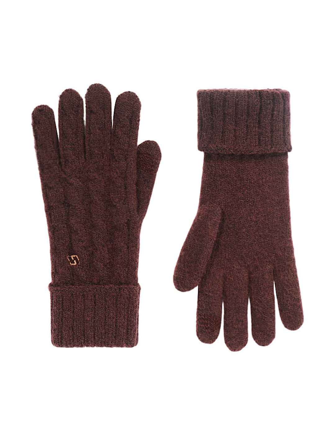 Burgundy cable-knit gloves with folded ribbed cuffs, front and palm views