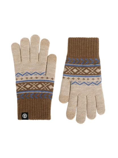 Brown and beige geometric-pattern gloves, front and back views