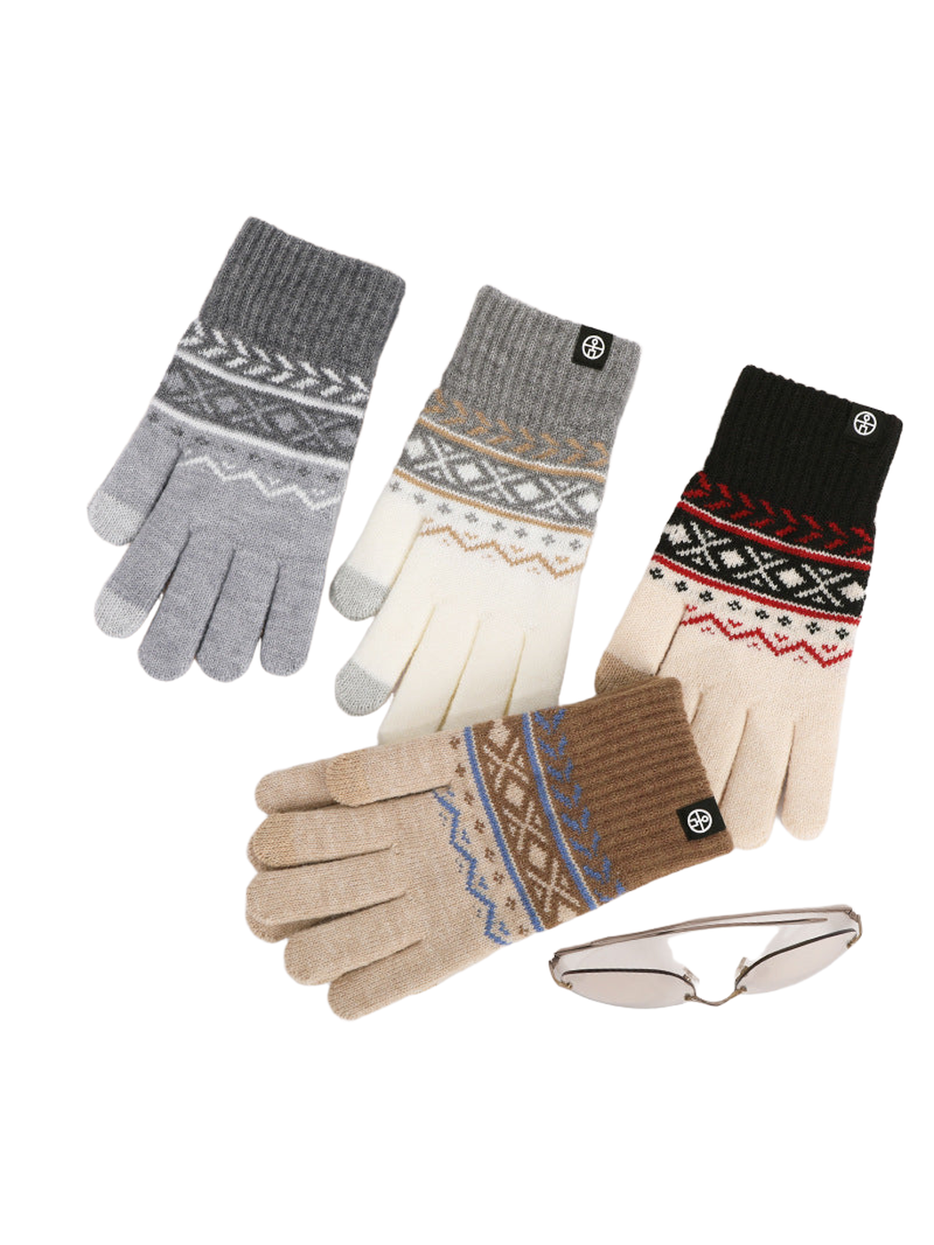 Black, brown, white, and gray patterned gloves arranged together