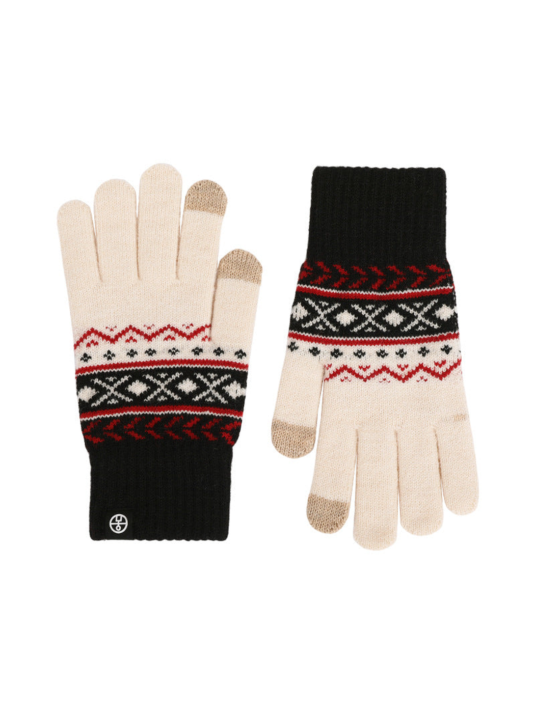 Black and ivory geometric-pattern gloves, front and back views