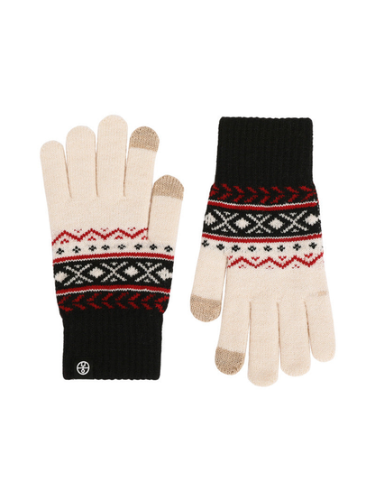 Black and ivory geometric-pattern gloves, front and back views