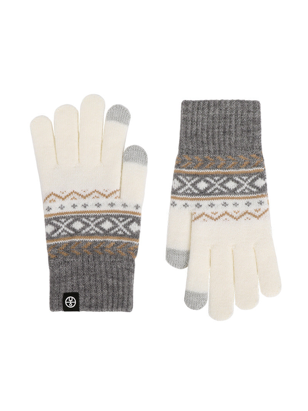 Ivory and gray geometric-pattern gloves, front and back views
