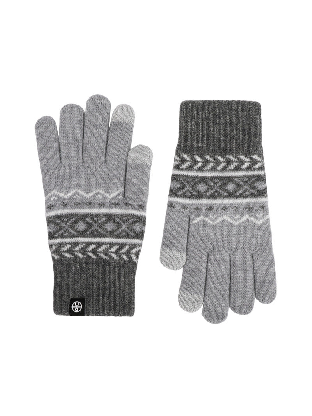 Light and dark gray geometric-pattern gloves, front and back views