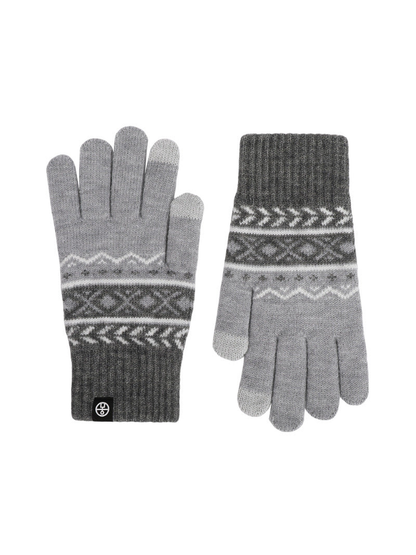 Light and dark gray geometric-pattern gloves, front and back views
