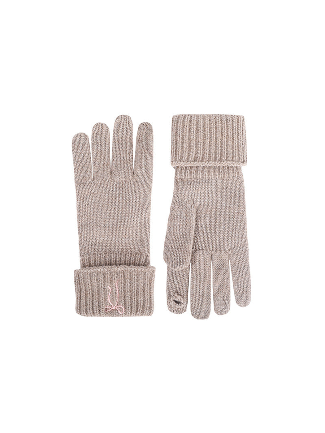 Khaki bow-embroidered gloves with folded ribbed cuffs