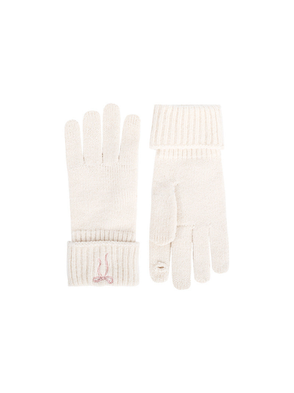 Ivory bow-embroidered gloves with folded ribbed cuffs