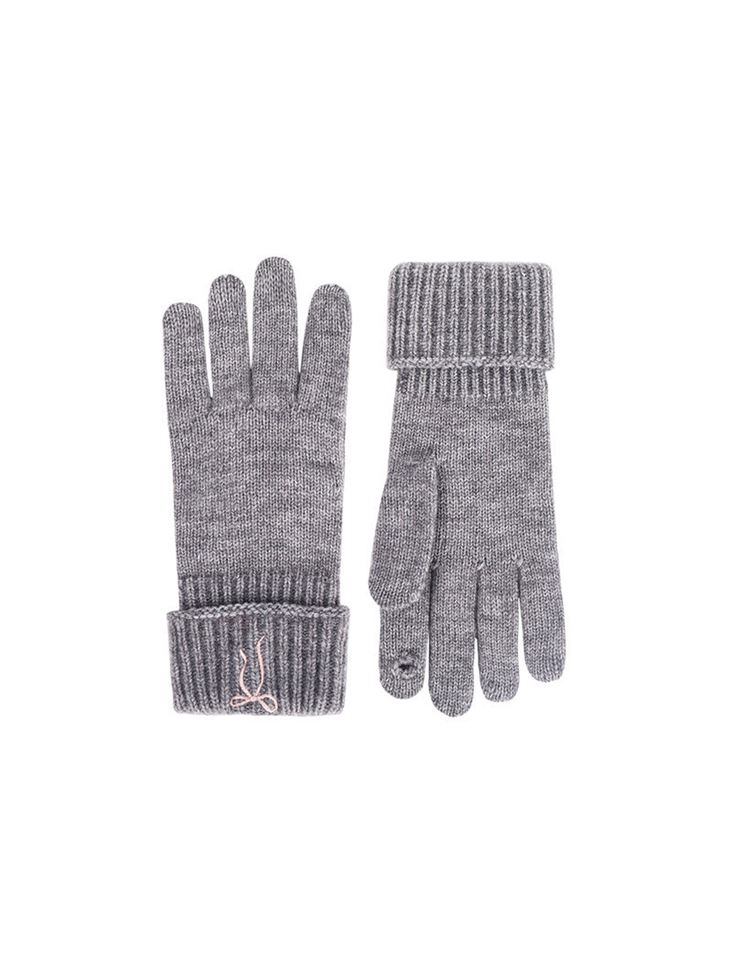 Heather gray bow-embroidered gloves with folded ribbed cuffs