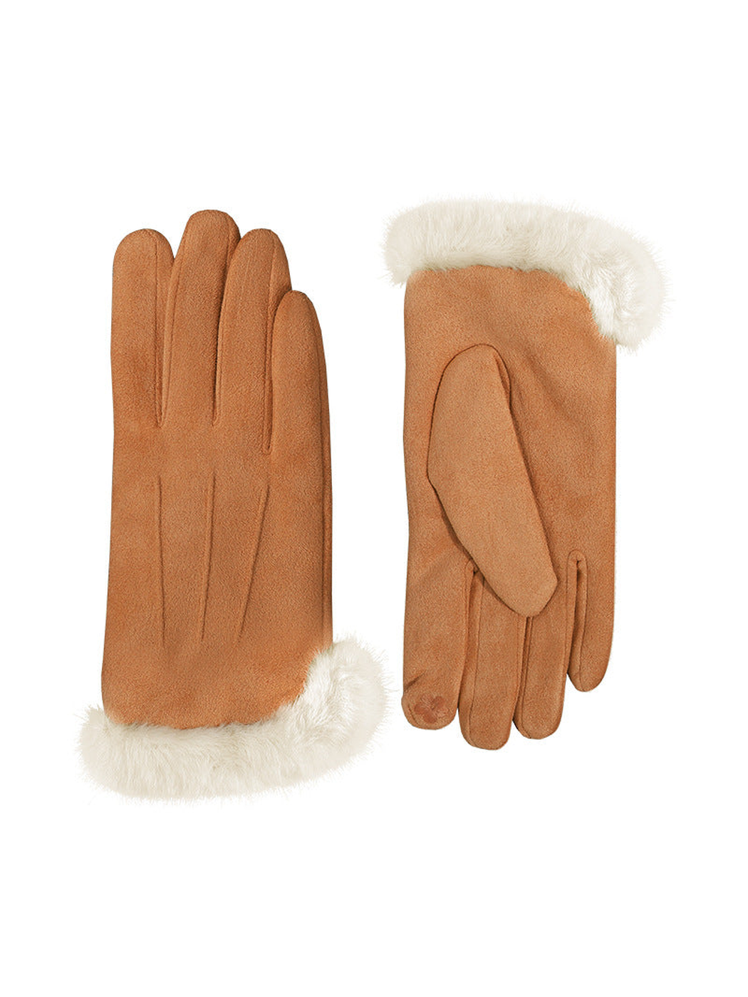 Camel gloves with ivory fluffy cuffs, front and palm views