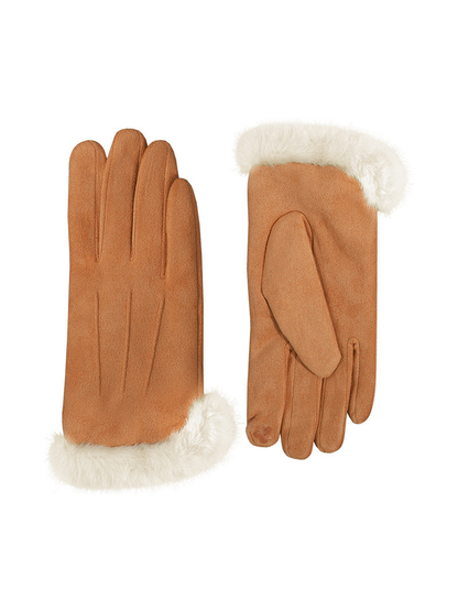 Camel gloves with ivory fluffy cuffs, front and palm views