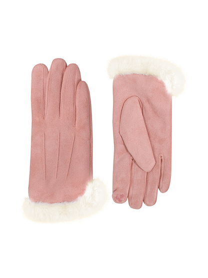 Dusty pink gloves with ivory fluffy cuffs, front and palm views