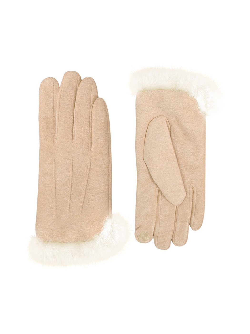 Beige gloves with ivory fluffy cuffs, front and palm views