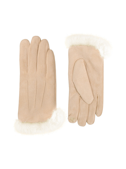 Beige gloves with ivory fluffy cuffs, front and palm views