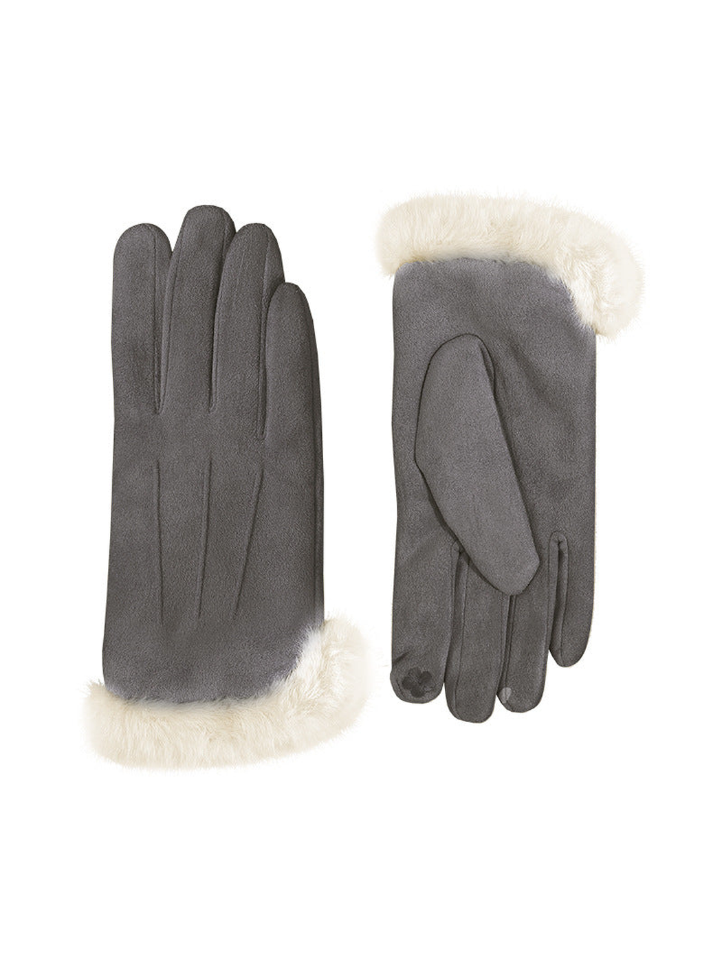 Dark gray gloves with ivory fluffy cuffs, front and palm views
