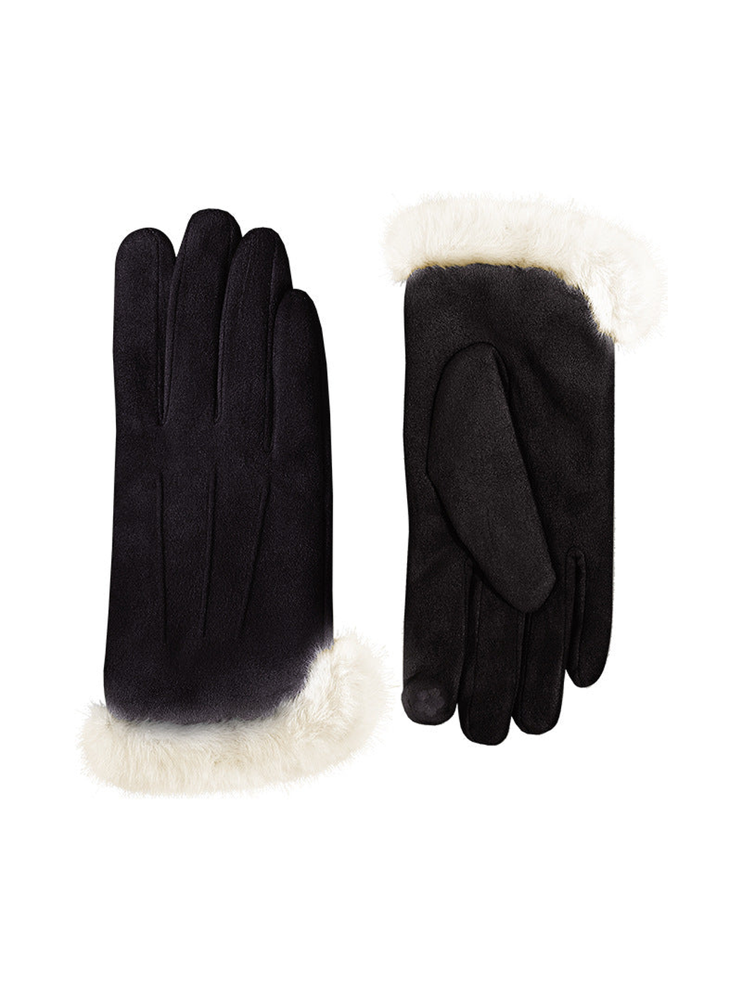 Black gloves with ivory fluffy cuffs, front and palm views