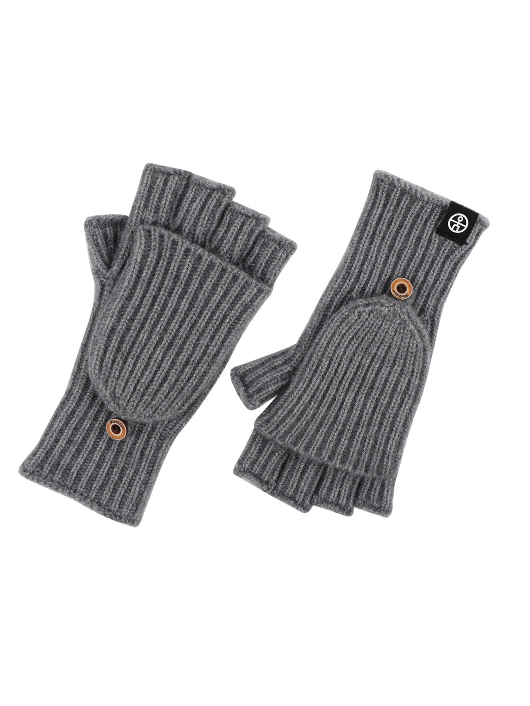 Gray ribbed convertible fingerless gloves with buttoned mitten flaps