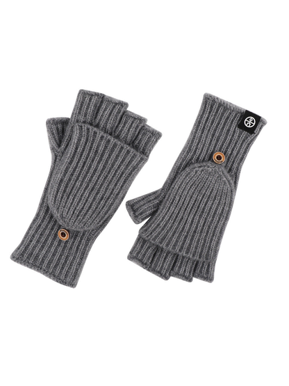 Gray ribbed convertible fingerless gloves with buttoned mitten flaps