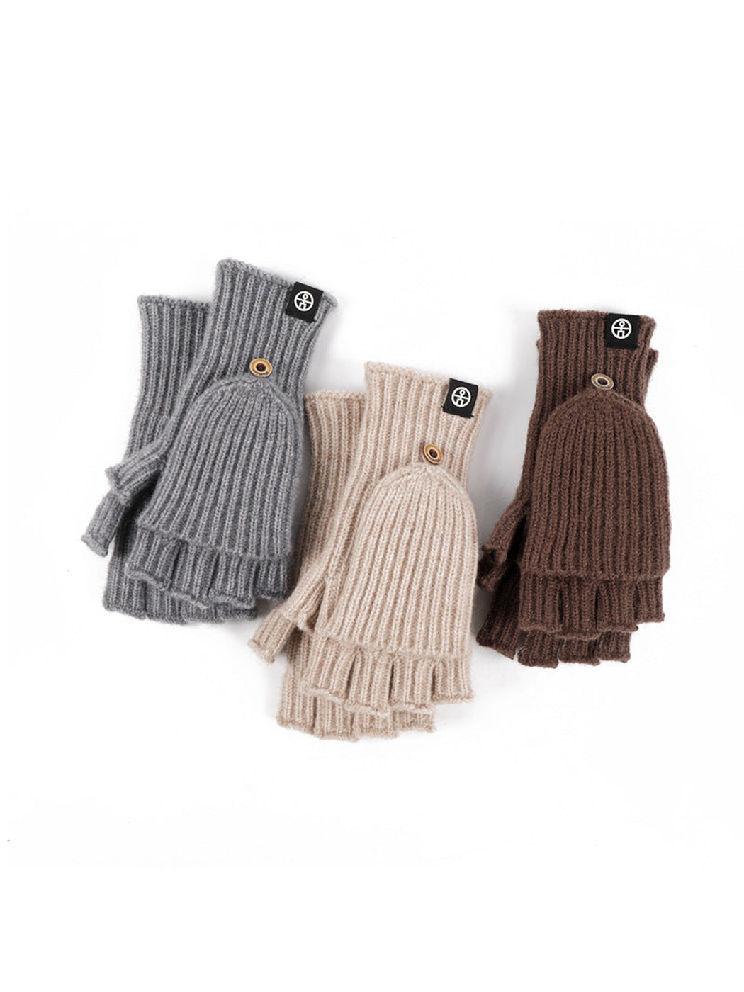 Gray, beige and brown convertible fingerless gloves displayed together