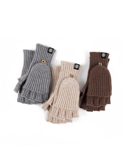 Gray, beige and brown convertible fingerless gloves displayed together